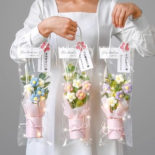 帶燈成品針織嚮日葵 乾燥花束 教師禮物 畢業送禮 畢業禮物 母親節 畢業diy花束 情人節 畢業花束 針織花小花束永生花, 黃色系小花筒花束,帶燈+袋子