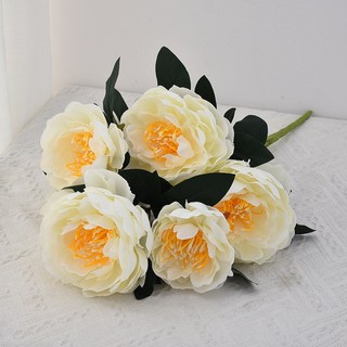 7頭牡丹花束假花 高檔手捧花道具家居餐桌裝飾擺件仿真花仿真花永生花人造花乾燥花永不凋零拍照道具假花裝飾居家裝飾, 七頭鳳戀牡丹-白色, 1個