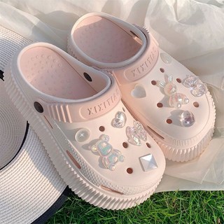 卡通洞洞鞋 【8321人好評】女夏季戶外時尚新款洞洞鞋甜美仙女風水晶水鉆包頭沙灘鞋厚底學生, 米白色粉帶【愛心小熊】,36-37碼【一體成型 不積水】