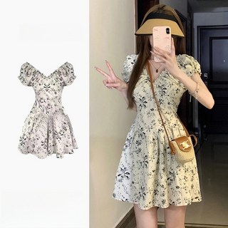 삼제태전 여름 여성용 A라인 꽃무늬 퍼프 미니 원피스 바캉스룩