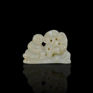 博古珍藏 天然和闐玉雕如意童子把玩，73公克，早期收藏老件文物，博物館級感恩特賣