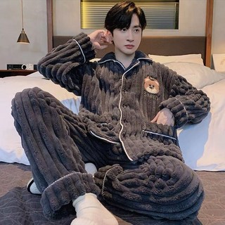 珊瑚絨男士睡衣套裝，秋冬新款加厚法蘭絨長袖大碼家居服