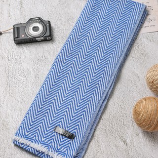 快快慢慢手作坊 窄版喀什米爾羊毛圍巾 山形紋寶藍色 脖圍 手工機織