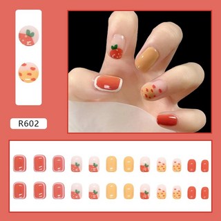 穿戴甲片 短款多款24片盒裝 顯白穿带甲片 穿戴式美甲片 痛甲 指甲貼片 彩繪可愛美甲貼假指甲 A3184, 1個, R602可愛甜橙（短款）