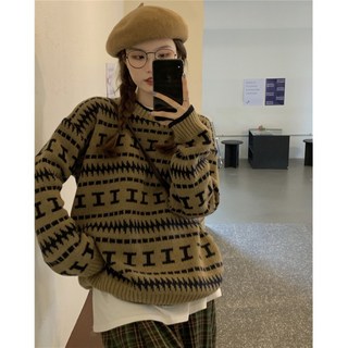 여성 오버핏 니트 스웨터 패턴 라운드넥 데일리