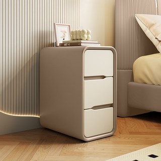 實木奶油風床頭櫃 邊櫃 夾縫窄櫃 抽屜式三層簡易小型臥室收納櫃, 1個, 奶油色加米白(整體全實木),整裝 25x40x50cm