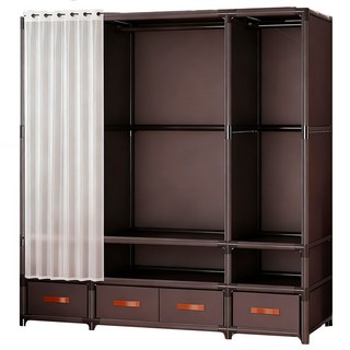 【臺灣現貨 3天內達】衣櫃 衣櫥 日繫簡易衣櫃 家用臥室多層佈衣櫃帶抽屜 出租房收納櫃大容量掛衣櫃 掛衣架 開放式衣櫃, 【带抽屉款】-三排-暗夜黑-衣櫃,限时活动价【多层大容量】, 【带抽屉款】-三排-暗夜黑-衣櫃