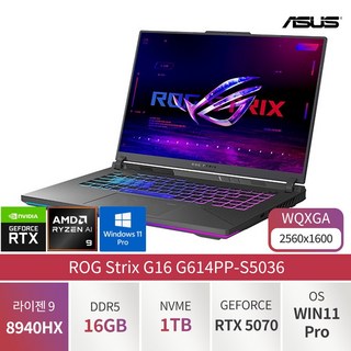 ASUS ROG Strix G16 16인치 라이젠 9 8940HX 지포스 RTX5070 Win11 설치 가성비 전문가용 디자이너용 대학생용 사무용 게이밍 노트북, G614PP-S5036, WIN11 Pro, 16GB, 1TB, 이클립스 그레이