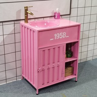 【Shark家具】工業風立柱洗手盆櫃 復古創意集裝箱洗手台, 粉紅色洗手盆(送水龍頭）, 1個