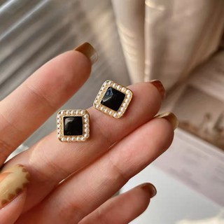 MONDAY ZOO 高質感黑色滴油方形小珍珠耳環S925銀針珍珠耳環正方形耳環黑色耳環