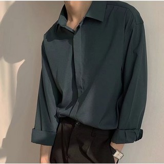 韓國男生長袖襯衫，高級感時尚百搭素色襯衣，暗釦設計