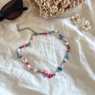 메리 비비드 플라워 비즈 휴양지 목걸이 반지 귀걸이 악세서리 휴양지룩 키치 아이템 휴가 선물 여성 쥬얼리 주얼리