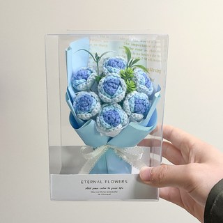 迷你毛線針織玫瑰花束 情人節禮物 母親節禮物 仿真花玫瑰花擺件 交換禮物, M57-1雲水藍7朵 毛線花成品, 1個