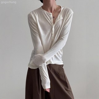 禁慾系修身薄紗罩衫慵懶感亨利領長袖T卹中性輕盈透感打底衫內搭