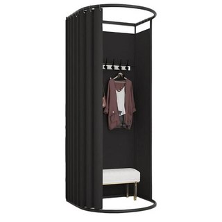 可移動獨立更衣室，簡約隔間屏風，附掛衣桿與層板, 麻絨布-黑色