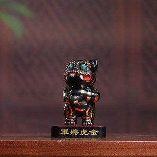 檜木彩繪描金虎爺擺件 黑虎將軍實木雕刻 家居裝飾 寺廟佛龕供奉, 站虎  高11寬7.5厚7.5厘米