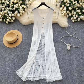 여름 해변 휴가 스타일 레이어드 니트 커버업 상의 소프트 프린지 레이스 슬릿 원피스 여성