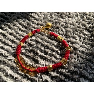 畫意坊 祈福古法沙金保色五帝錢手鍊 防小人藏式手搓棉線編織手繩 本命年紅繩招財轉運男女情侶手鍊