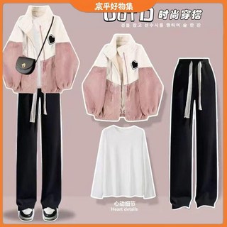 CP 臺灣發貨 2025秋冬女學生韓版寬鬆拼接時尚百搭外套T恤闊腿褲三件套