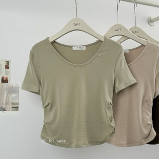 【Fee現貨13色】正韓側抓皺短上衣，螺紋棉圓領合身棉T，短版U領顯瘦韓國女裝