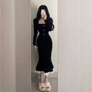 SunburstWonder 여성 겨울 머메이드 원피스 스퀘어 넥 블랙 빈티지 슬림 벨벳 힙백