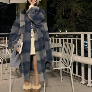 여성 추동 롱 체크 코트 데일리 통근 루즈핏 캐주얼 모직 도톰 코트 슬림소녀