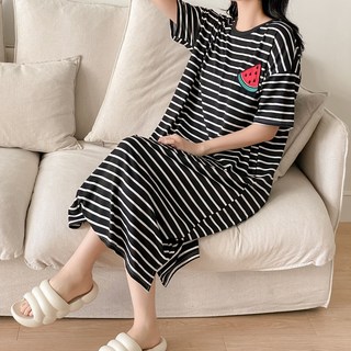 IAWI 여성용 스트라이프 과일 원피스 잠옷 오버핏 44-99 빅사이즈 롱 홈웨어 파자마