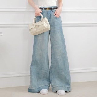 Sharkhead 做舊水洗牛仔闊腿褲，高腰落地復古寬褲，淺藍喇叭顯瘦牛仔寬褲