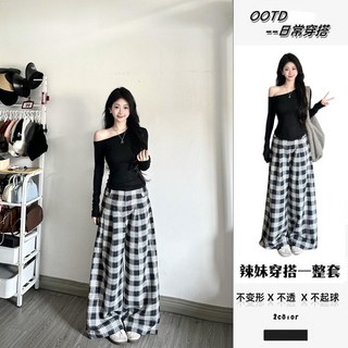春季新款慵懶風黑色斜肩上衣格子闊腿褲兩件套裝女，時髦舒適，展現女性魅力