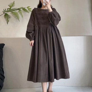 AOKADA 여성 가을 겨울 오버핏 레이스 벨벳 벌룬 롱 원피스