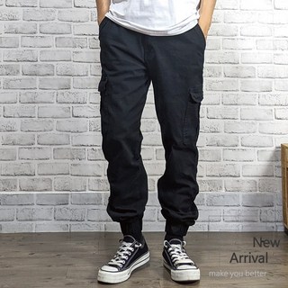 棉質休閒縮口褲 24-42吋 鬆緊帶腰圍 多口袋工作褲 黑色工作褲