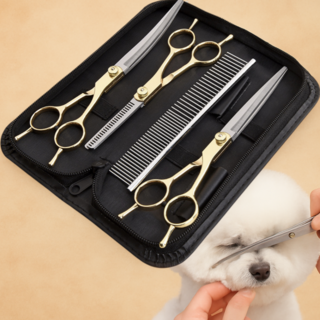 레브온 초정밀 절삭 반려동물 미용가위세트 7인치, 1세트, 골드