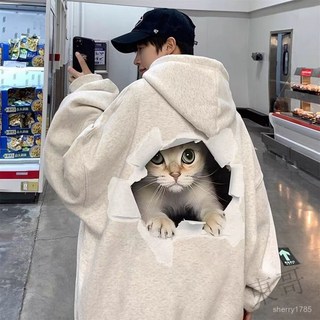 E 限時 可愛貓咪 帽T 寬鬆 落肩 韓國男裝 情侶衣 男女皆可 長袖 刷毛連帽 大學T 長袖帽t男 O9EI