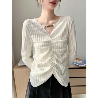 JIEVE 여성 봄 가을 브이넥 니트 블라우스 패션 주름 셔츠 세련된 긴팔 상의 D18
