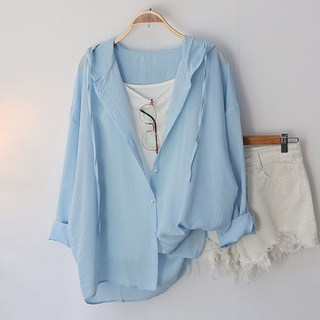 스카이코코 여성 긴팔 남방 오버핏 여름까지 샤인 후드 셔츠