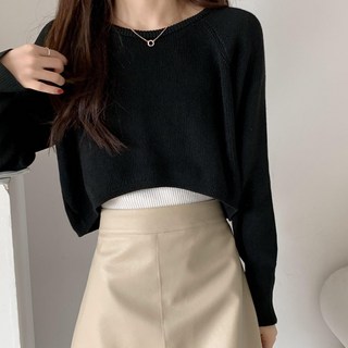 杜達女孩 微辣露肚 不規則針織毛衣 前短後長 短版毛衣 長袖毛衣