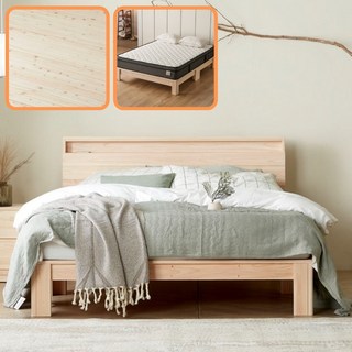 바르숲 매트리스포함 유절 선반형헤드 통원목 편백나무 평상형 침대 프레임, 베이지