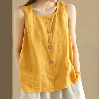 여성 여름 면 마 나시티 빈티지 슬림핏 이너 상의 루즈핏 린넨 민소매 티셔츠 WMY