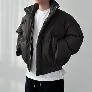 다이나믹피플 남녀공용 오버핏 레더 크롭 하이넥 숏 패딩 점퍼