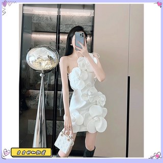 夏季短裙 裙子 性感 可愛 純棉材質 工作服性感露背包臀裙小禮服女法式小衆設計感立體花朵小香風掛脖連衣裙