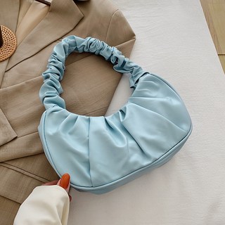 限時下殺 腋下包日常百搭小眾設計女包時尚褶皺包簡約包包女2024新款潮手提雲朵新月包G98P, 藍色