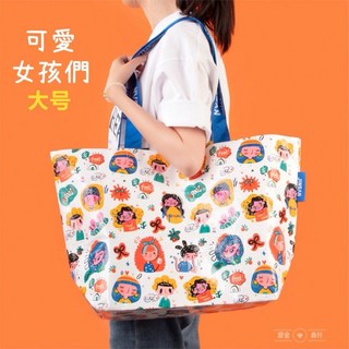 JINSAN 防水環保編織購物袋 大容量手提側背包 可愛女孩們圖案 大號