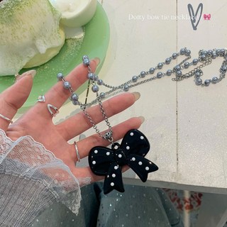 鴻利首飾廠 韓系波點蝴蝶結珍珠吊墜項鏈 高級感小衆頸鏈 長款掛脖毛衣鏈