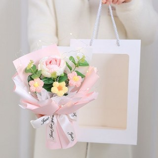 畢業花束 畢業禮物 母親節花束 【44%回購率】幼兒園小學送老師實用教師節禮物手工編織毛線花束成品送女老師, 1可愛粉針織花3粉黃泡芙扇形+燈+袋, 1個