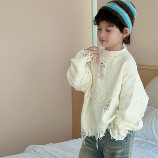 男童秋冬裝米色破洞毛衣 2025新款中小兒童男孩春秋季針織衫潮上衣