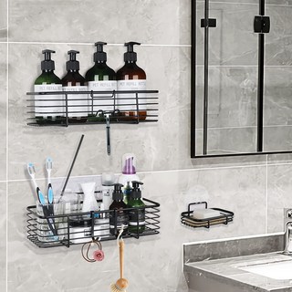 서치잇 스텐 물빠짐 선반 세트 무타공 욕실선반 다용도 화장실 일자 선반, 블랙, 블랙
