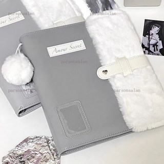 原創灰白活頁卡冊 毛球卡冊 A5毛絨皮質四宮格卡冊 小衆拍立得收納冊 小照片相簿, 1個, 灰色毛絨拼接卡冊【附毛球】,僅卡冊【無內頁】