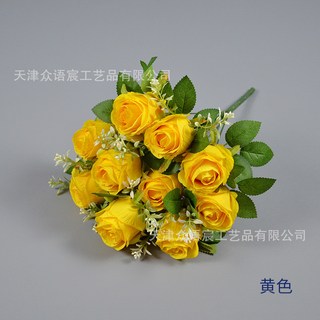 仿真10頭油畫玫瑰把花歐式捧花家居裝飾花美拉德色系插花擺件仿真花永生花人造花乾燥花永不凋零拍照道具假花裝飾居家裝飾, 黃色, 1個