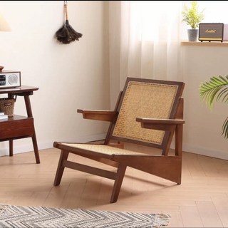 新款休閒椅子 躺椅沙發椅 實木藤椅 中古侘寂復古椅子 單人民宿設計藤編椅 加爾袋鼠椅, 胡桃色泰國(FAS)級橡膠木 扶手, 1個