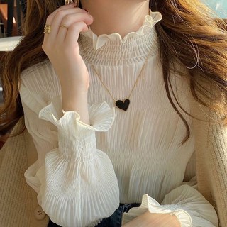 立領杏色蕾絲打底衫女春秋新款加絨內搭雪紡襯衫木耳邊紗上衣